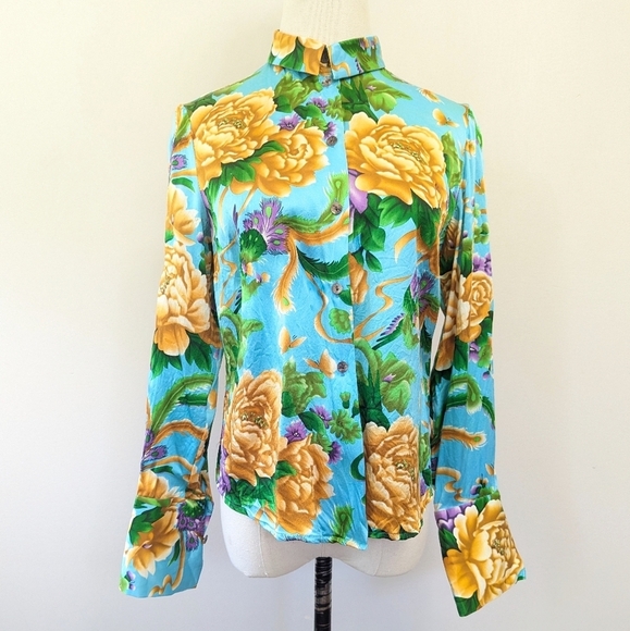 Vintage Y2K 90s Asian Floral Silk Button-up Top - Picture 1 of 12